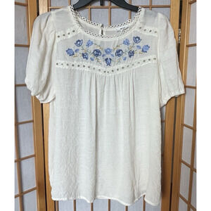 MINE Boho sheer white top embroidered flowers Large